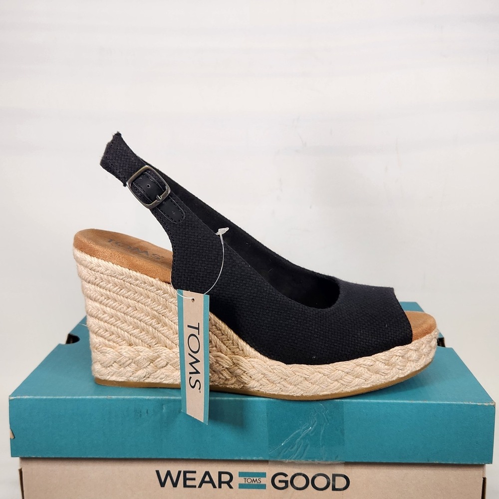 TOMS Camilla Wedge Sandals Women Size 8 Black Basketweave Espadrille 10022387